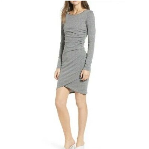 LEITH Heather Gray Long Sleeve Ruched Dress Asymmetrical Hem Size S - Picture 1 of 5